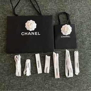 Empty Chanel Paper Shopping Bag and Ribbon Set Camellia